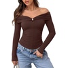 image:imageREORIA Womens Off Shoulder Long Sleeve Going Out Tops Slim Fit Ruched ShirtDark Coffee