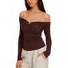 image:imageREORIA Womens Off Shoulder Long Sleeve Going Out Tops Slim Fit Ruched ShirtDark Coffee