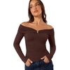image:imageREORIA Womens Off Shoulder Long Sleeve Going Out Tops Slim Fit Ruched ShirtDark Coffee