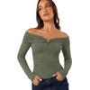 image:imageREORIA Womens Off Shoulder Long Sleeve Going Out Tops Slim Fit Ruched ShirtDark Green