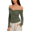image:imageREORIA Womens Off Shoulder Long Sleeve Going Out Tops Slim Fit Ruched ShirtDark Green