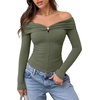 image:imageREORIA Womens Off Shoulder Long Sleeve Going Out Tops Slim Fit Ruched ShirtDark Green