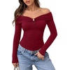 image:imageREORIA Womens Off Shoulder Long Sleeve Going Out Tops Slim Fit Ruched ShirtRed