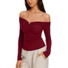 image:imageREORIA Womens Off Shoulder Long Sleeve Going Out Tops Slim Fit Ruched ShirtRed