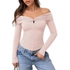 image:imageREORIA Womens Off Shoulder Long Sleeve Going Out Tops Slim Fit Ruched ShirtWhite