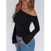 image:imageREORIA Womens Off the Shoulder Tops 2026 Fall Long Sleeve Double Lined Slim Fit Top Trendy ClothesBlack