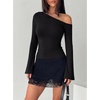 image:imageREORIA Womens Off the Shoulder Tops 2026 Fall Long Sleeve Double Lined Slim Fit Top Trendy ClothesBlack