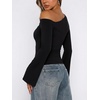image:imageREORIA Womens Off the Shoulder Tops 2026 Fall Long Sleeve Double Lined Slim Fit Top Trendy ClothesBlack