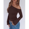 image:imageREORIA Womens Off the Shoulder Tops 2026 Fall Long Sleeve Double Lined Slim Fit Top Trendy ClothesCoffee