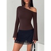 image:imageREORIA Womens Off the Shoulder Tops 2026 Fall Long Sleeve Double Lined Slim Fit Top Trendy ClothesCoffee