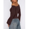 image:imageREORIA Womens Off the Shoulder Tops 2026 Fall Long Sleeve Double Lined Slim Fit Top Trendy ClothesCoffee