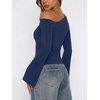 image:imageREORIA Womens Off the Shoulder Tops 2026 Fall Long Sleeve Double Lined Slim Fit Top Trendy ClothesDeep Blue