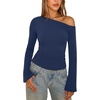 image:imageREORIA Womens Off the Shoulder Tops 2026 Fall Long Sleeve Double Lined Slim Fit Top Trendy ClothesDeep Blue