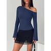 image:imageREORIA Womens Off the Shoulder Tops 2026 Fall Long Sleeve Double Lined Slim Fit Top Trendy ClothesDeep Blue