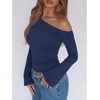 image:imageREORIA Womens Off the Shoulder Tops 2026 Fall Long Sleeve Double Lined Slim Fit Top Trendy ClothesDeep Blue
