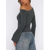 image:imageREORIA Womens Off the Shoulder Tops 2026 Fall Long Sleeve Double Lined Slim Fit Top Trendy ClothesDeep Green