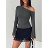 image:imageREORIA Womens Off the Shoulder Tops 2026 Fall Long Sleeve Double Lined Slim Fit Top Trendy ClothesDeep Green