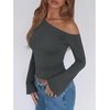 image:imageREORIA Womens Off the Shoulder Tops 2026 Fall Long Sleeve Double Lined Slim Fit Top Trendy ClothesDeep Green