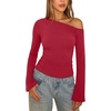 image:imageREORIA Womens Off the Shoulder Tops 2026 Fall Long Sleeve Double Lined Slim Fit Top Trendy ClothesRed