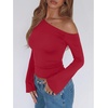 image:imageREORIA Womens Off the Shoulder Tops 2026 Fall Long Sleeve Double Lined Slim Fit Top Trendy ClothesRed