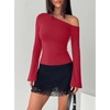 image:imageREORIA Womens Off the Shoulder Tops 2026 Fall Long Sleeve Double Lined Slim Fit Top Trendy ClothesRed