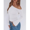 image:imageREORIA Womens Off the Shoulder Tops 2026 Fall Long Sleeve Double Lined Slim Fit Top Trendy ClothesWhite