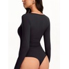 image:imageREORIA Womens Sexy Deep V Neck Long Sleeve Bodysuit Metal Ring Cutout TopsBlack Onyx