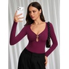 image:imageREORIA Womens Sexy Deep V Neck Long Sleeve Bodysuit Metal Ring Cutout TopsCordovan