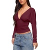 image:imageREORIA Womens V Neck Batwing Sleeve Ruched Fitted Going Out Tops 2026 FallBurgundy