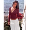 image:imageREORIA Womens V Neck Batwing Sleeve Ruched Fitted Going Out Tops 2026 FallBurgundy