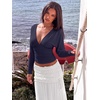 image:imageREORIA Womens V Neck Batwing Sleeve Ruched Fitted Going Out Tops 2026 FallNavy Blue