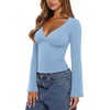 image:imageREORIA Womens Wrap Deep V Neck Shirts Long Bell Sleeve Going Out TopsAir Blue
