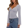 image:imageREORIA Womens Wrap Deep V Neck Shirts Long Bell Sleeve Going Out TopsAsh Gray