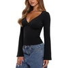image:imageREORIA Womens Wrap Deep V Neck Shirts Long Bell Sleeve Going Out TopsBlack