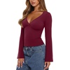 image:imageREORIA Womens Wrap Deep V Neck Shirts Long Bell Sleeve Going Out TopsBurgundy