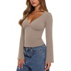 image:imageREORIA Womens Wrap Deep V Neck Shirts Long Bell Sleeve Going Out TopsEarth Brown