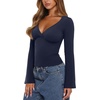image:imageREORIA Womens Wrap Deep V Neck Shirts Long Bell Sleeve Going Out TopsNavy Blue