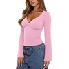 image:imageREORIA Womens Wrap Deep V Neck Shirts Long Bell Sleeve Going Out TopsPink