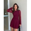 image:imageREORIA Womens Y2K Boat Neck Sheer Mesh Ruched Long Sleeve Mini DressesCordovan