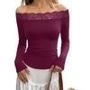 image:imageREORIA Off the Shoulder Tops for Women 2026 Fall Long Sleeve Lace Going Out Slim Fit Top ClothesWine Red