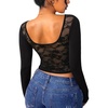 image:imageREORIA Women Boat Neck Lace Back Crop Tops Long Sleeve Double Lined ShirtsBlack