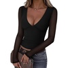 image:imageREORIA Women Long Sleeve Sexy Sheer Mesh V Neck Going Out Top Shirts with Built in Bra 2026 Fall ClothesBlack