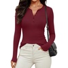 image:imageREORIA Womens Cotton Long Sleeve Henley Shirt Casual Work Ribbed Knit TopsBurgundy