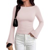 image:imageREORIA Womens Double Lined Y2K Cropped Top Bell Sleeve Fall Basic ShirtsOff White Blush Pink