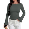 image:imageREORIA Womens Double Lined Y2K Cropped Top Bell Sleeve Fall Basic ShirtsSage Green