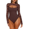 image:imageREORIA Womens Lace Cutout Front Bodysuits Long Sleeve Bodysuit Tops TrendyChocolate