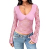 image:imageREORIA Womens Lace Long Bell Sleeve Tops Sexy Deep V Neck Going Out ShirtsLight Pink