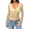 image:imageREORIA Womens Lace Long Bell Sleeve Tops Sexy Deep V Neck Going Out ShirtsPastel Yellow