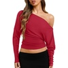 image:imageREORIA Womens Long Sleeve Shirts 2026 Fall Cinched Waist Off Shoulder TopsRed