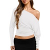image:imageREORIA Womens Long Sleeve Shirts 2026 Fall Cinched Waist Off Shoulder TopsWhite